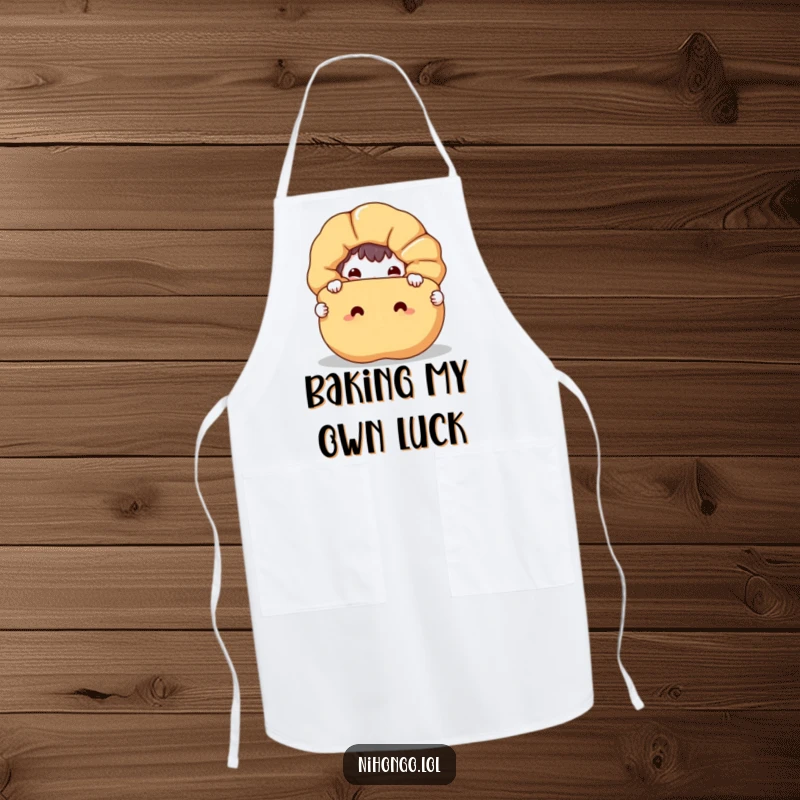 Funny apron showing a mischievous character hiding behind a big, happy fortune cookie, ready for kitchen fun and laughter.