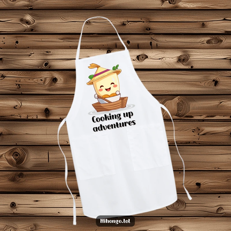 Funny Apron: A smiling ramen bowl wearing a straw hat paddles a shoebox boat, a humorous apron for kitchen adventures.