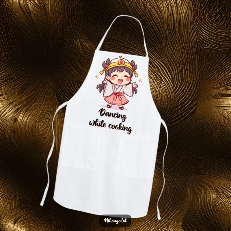 Funny apron with a giggling character in traditional clothing, performing a silly dance, perfect for a festive kitchen.