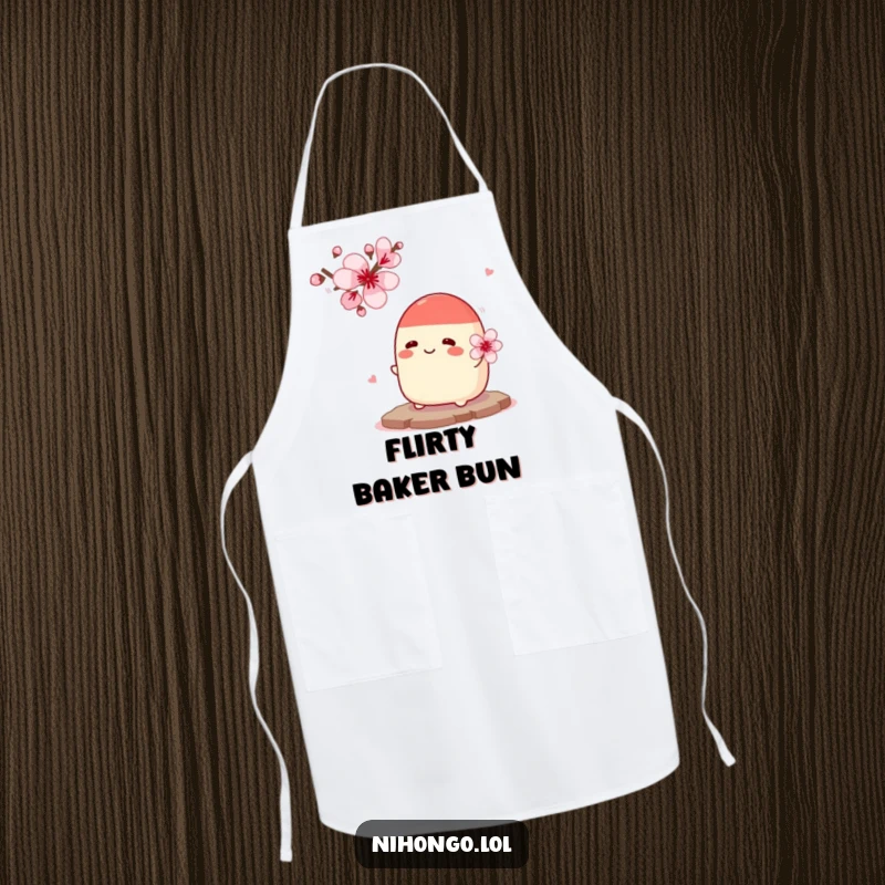 Funny Apron: A cheerful red bean paste bun nervously offers flowers to a cherry blossom, a humorous apron for kitchen adventures.