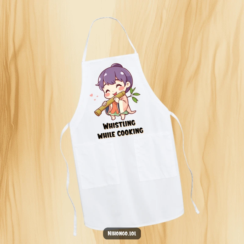 Funny cheerful character smiling, playing a bamboo flute, depicted on a kitchen apron, ideal for cooking with music.