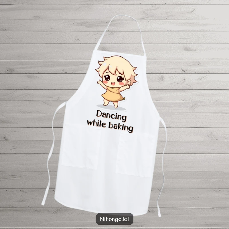 Funny apron with a character doing a happy little dance with a bounce, ready to add fun and rhythm to any cooking task.
