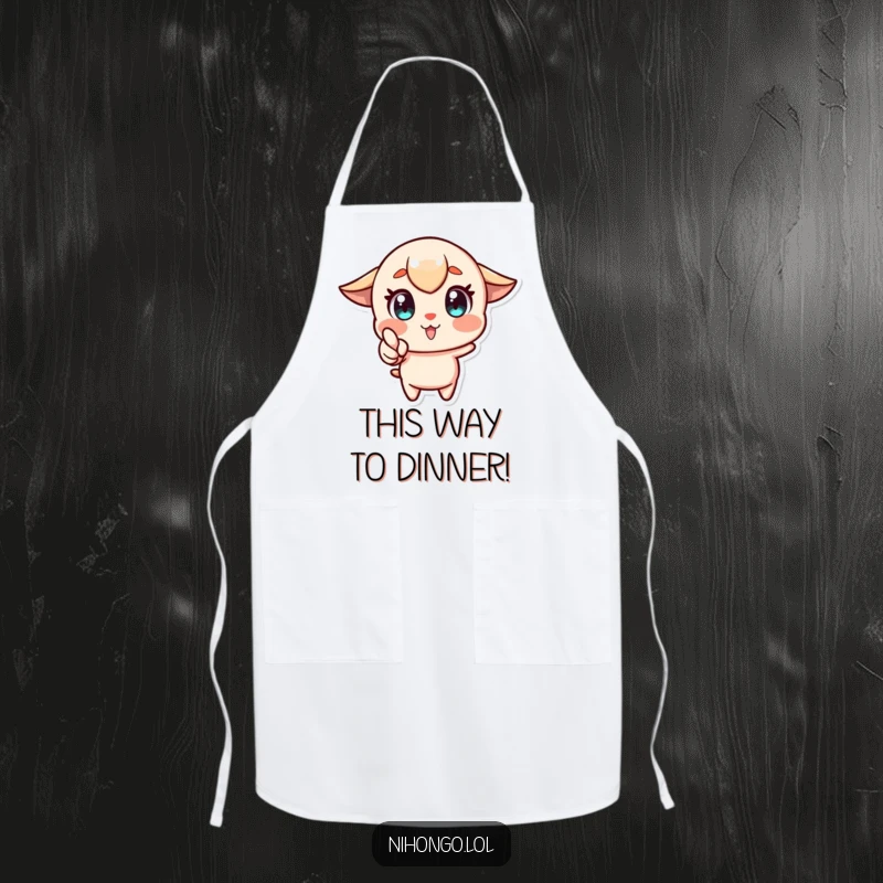 Funny apron featuring a stylized character with wide eyes, pointing forward enthusiastically, perfect for adding a motivational touch to cooking.