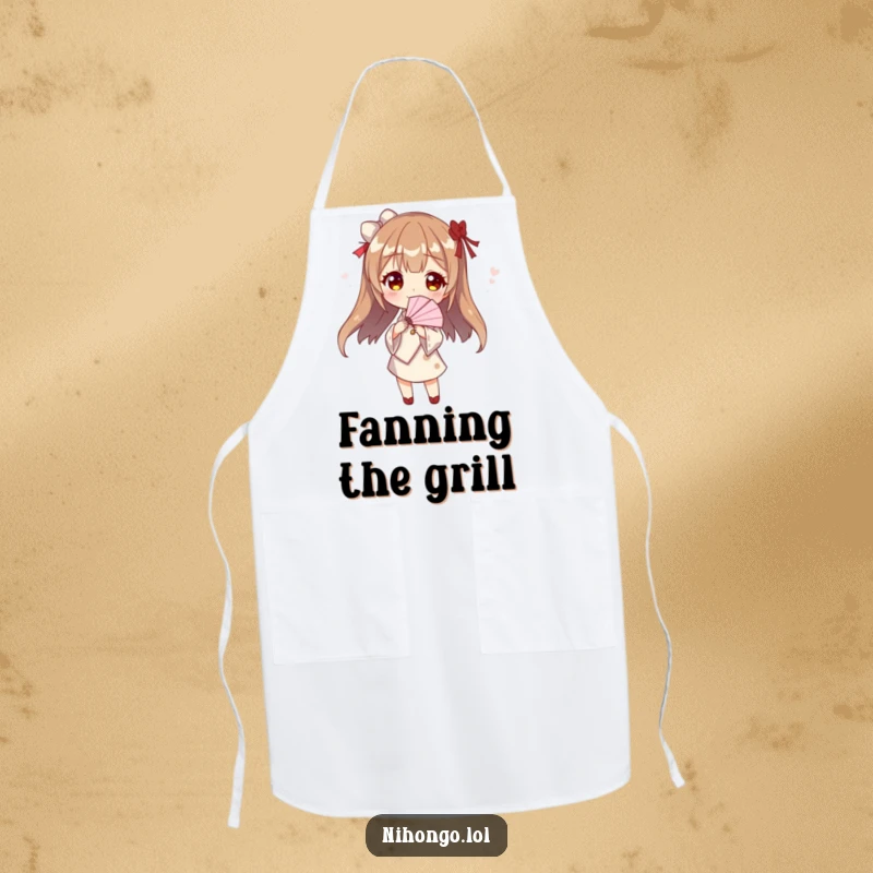 Funny fan dancer apron, a functional kitchen garment featuring a character striking a pose with a paper fan, adding theatrical flair to cooking.