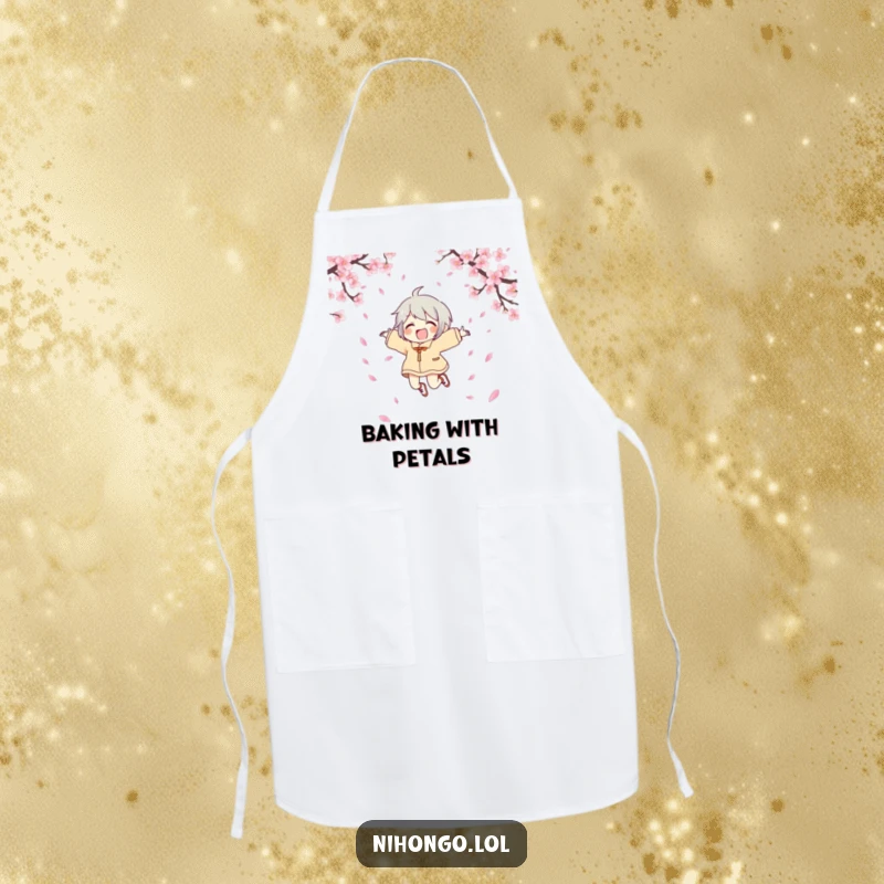 Funny joyful character apron showing a character leaping with joy amongst cherry blossoms, ideal for kitchen celebrations and comical cooking.