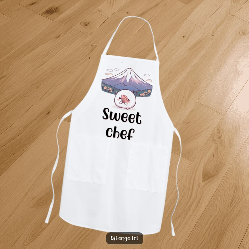 Funny apron graphic of a shy mochi ball wearing a tiny fan, bowing to Mount Fuji, humorous kitchen accessory.