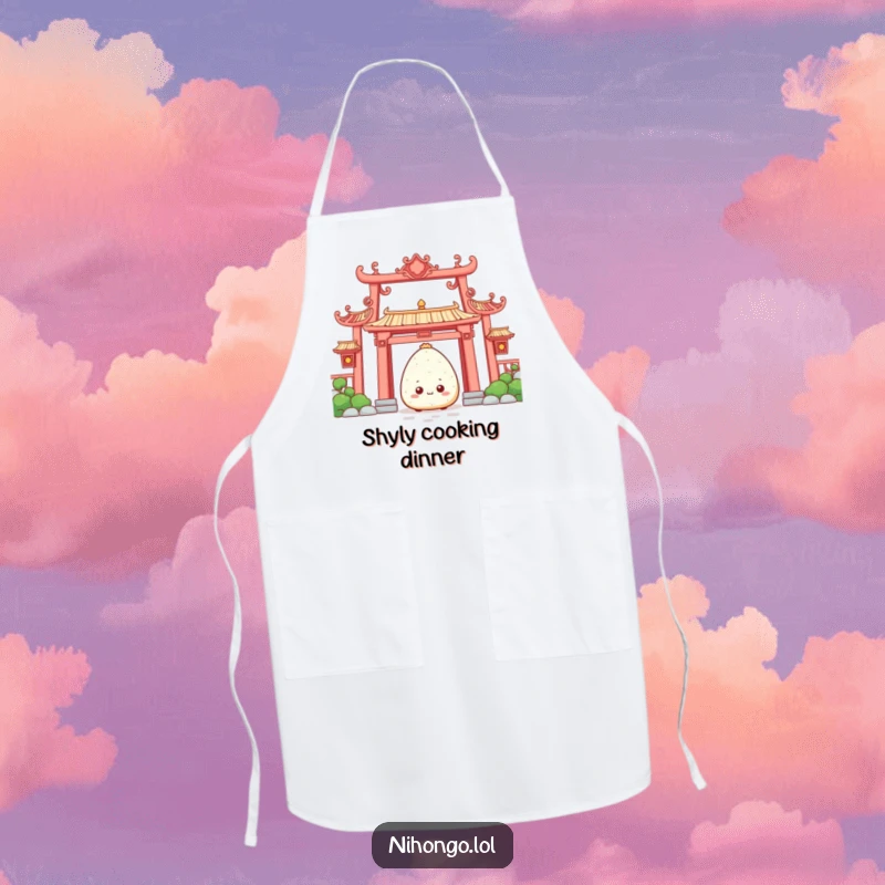 Funny Apron: A shy onigiri peeking from behind an ornate temple gate, a humorous apron for kitchen adventures.