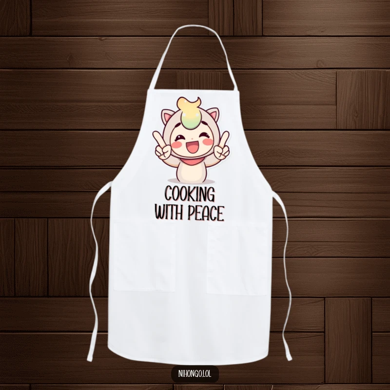 Funny apron featuring a cheerful character chef giving a peace sign with expressive fingers, perfect for kitchen fun and culinary creativity.