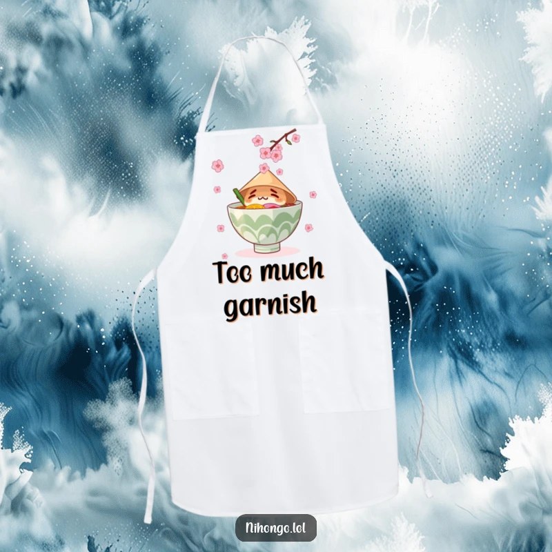 Funny apron showing a ramen bowl wearing a conical hat, catching falling cherry blossoms, ideal for a humorous cook.