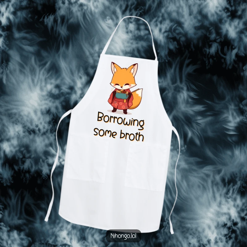 Funny kitchen apron showing a sly fox in a kimono with a chef's hat, trying to sneak away with a bowl of ramen.