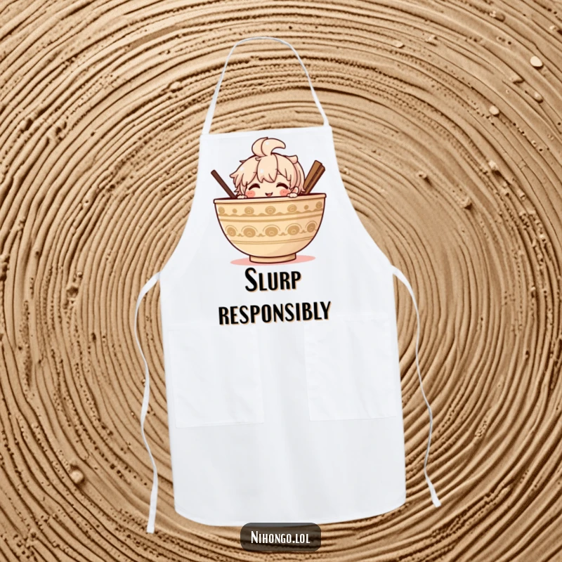 Funny Ramen Apron: Practical apron featuring a character peeking from behind a large ramen bowl, perfect for cooking enthusiasts.
