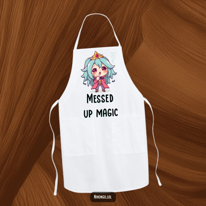 Funny apron with a character looking surprised with a puff of smoke, ready to add a touch of magic to any cooking task.