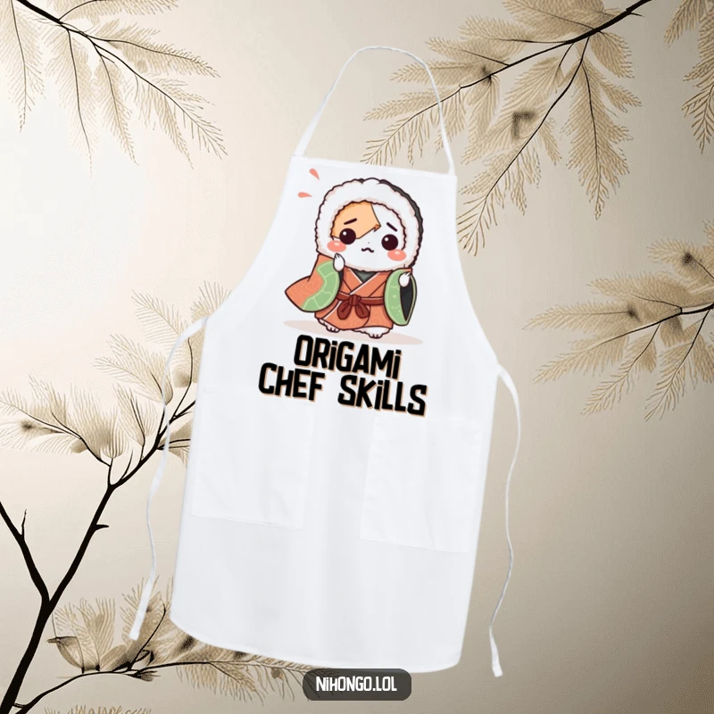 Funny apron showing a bewildered sushi roll in a kimono attempting origami. Great for kitchen humor and aspiring chefs, a wonderful funny gift.