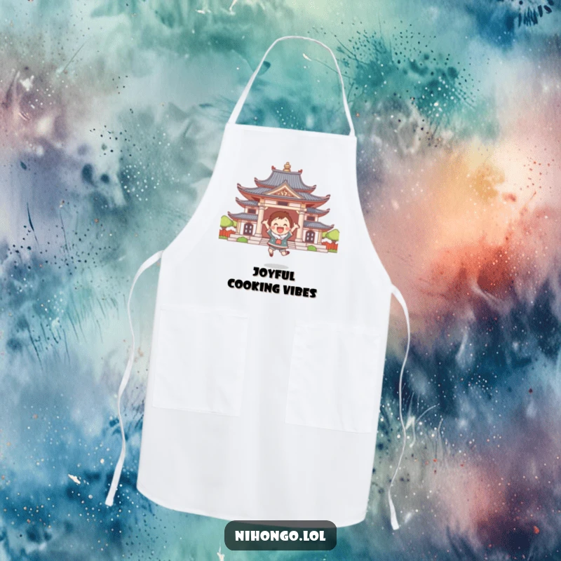 Funny apron showing a cute character leaping with joy in front of a stylized temple, great for cheerful cooking.