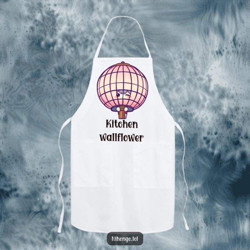 Funny shy character peeking from behind a large paper lantern, depicted on a kitchen apron, ideal for focused cooking.