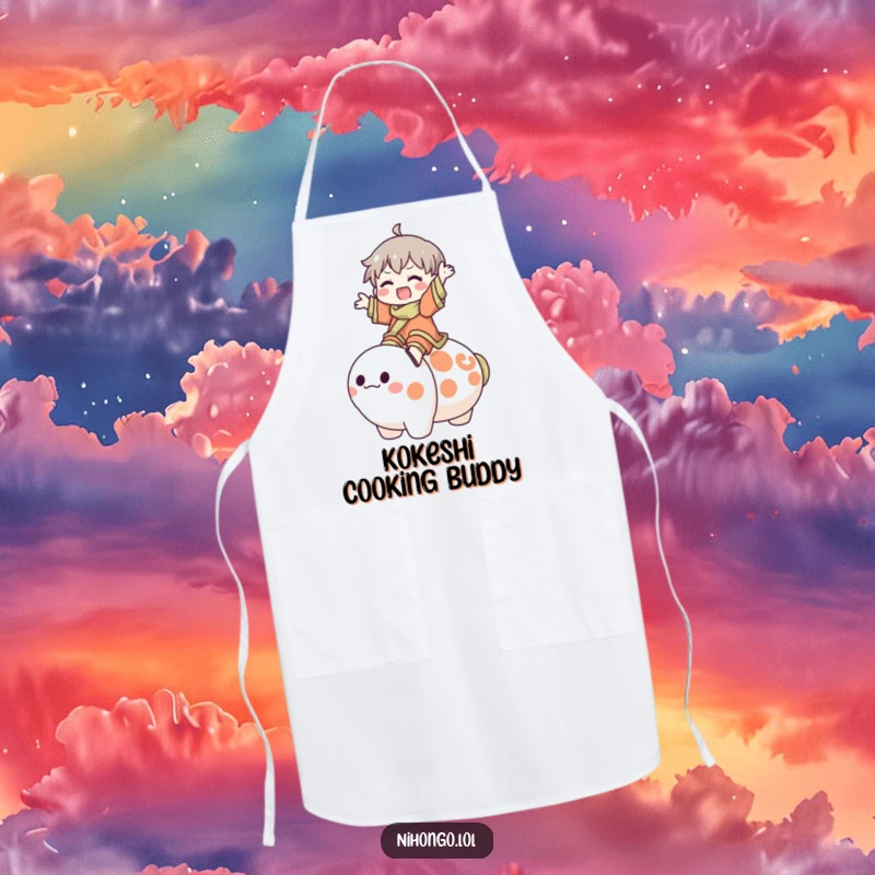 Funny Apron: Character joyfully rides a large, friendly Kokeshi doll, bringing a whimsical and humorous touch to kitchen activities.