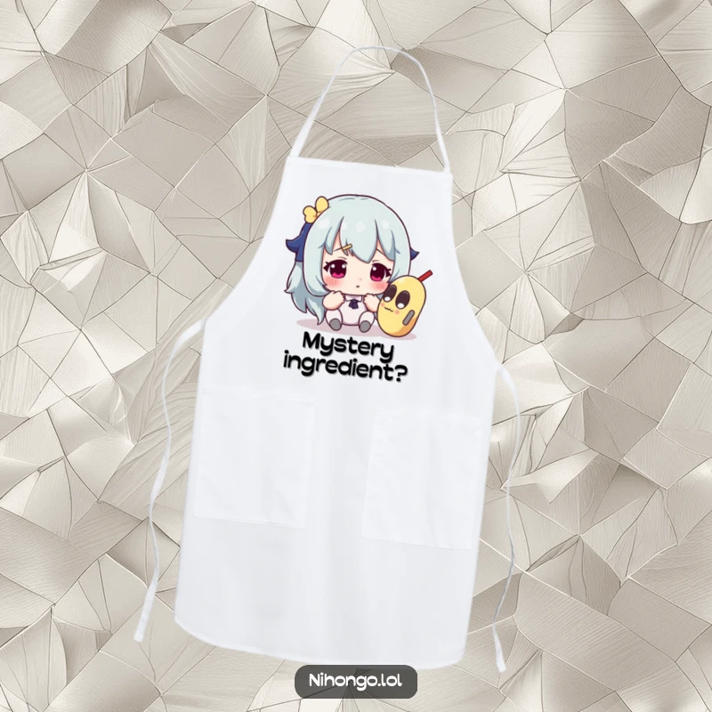 Funny apron showing a character with a questioning look, inspecting a bizarre and unknown ingredient in the kitchen.