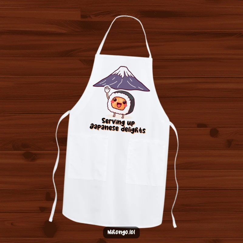 Funny sushi roll apron with legs saluting Mount Fuji, depicting a comical chef character and adding humor to kitchen attire.