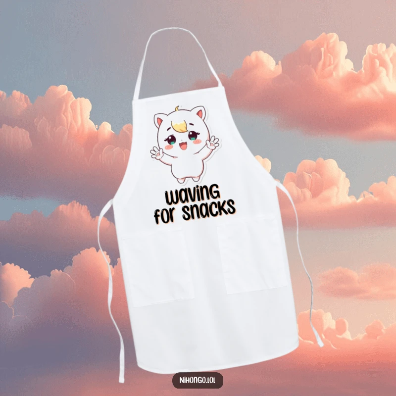 Funny Waving Apron: Cheerful apron featuring a character enthusiastically waving both hands, perfect for welcoming guests.