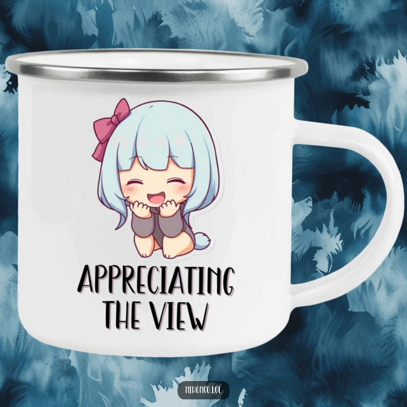 Funny bowing character camping mug, a rugged cup featuring a figure bowing deeply with a happy smile, perfect for outdoor adventures.