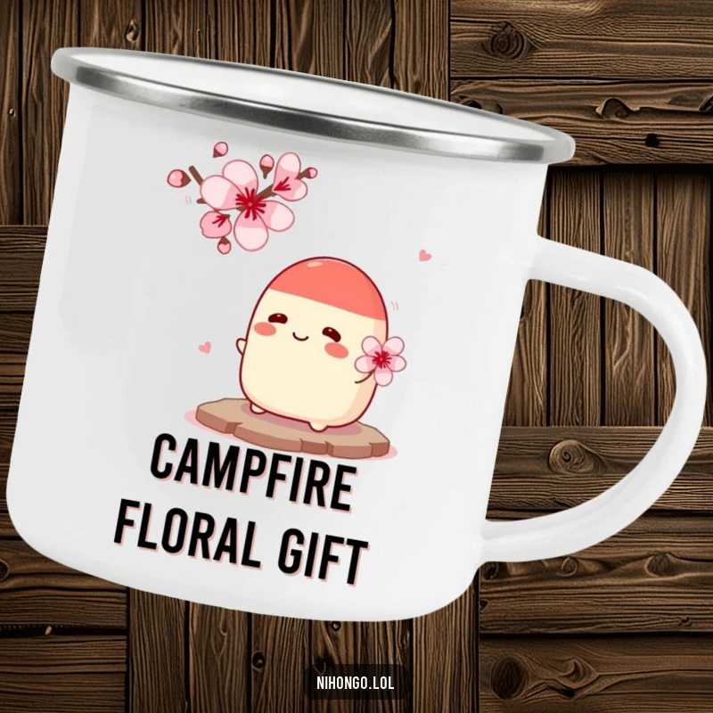 Funny Camping Mug: A cheerful red bean paste bun offers flowers to a cherry blossom, a humorous and durable mug for outdoor use.