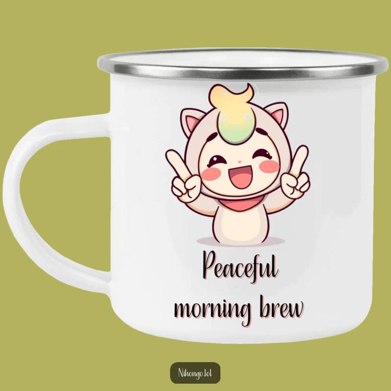 Durable Funny Peace Sign Camping Mug: Cheerful Character for Outdoor Adventures