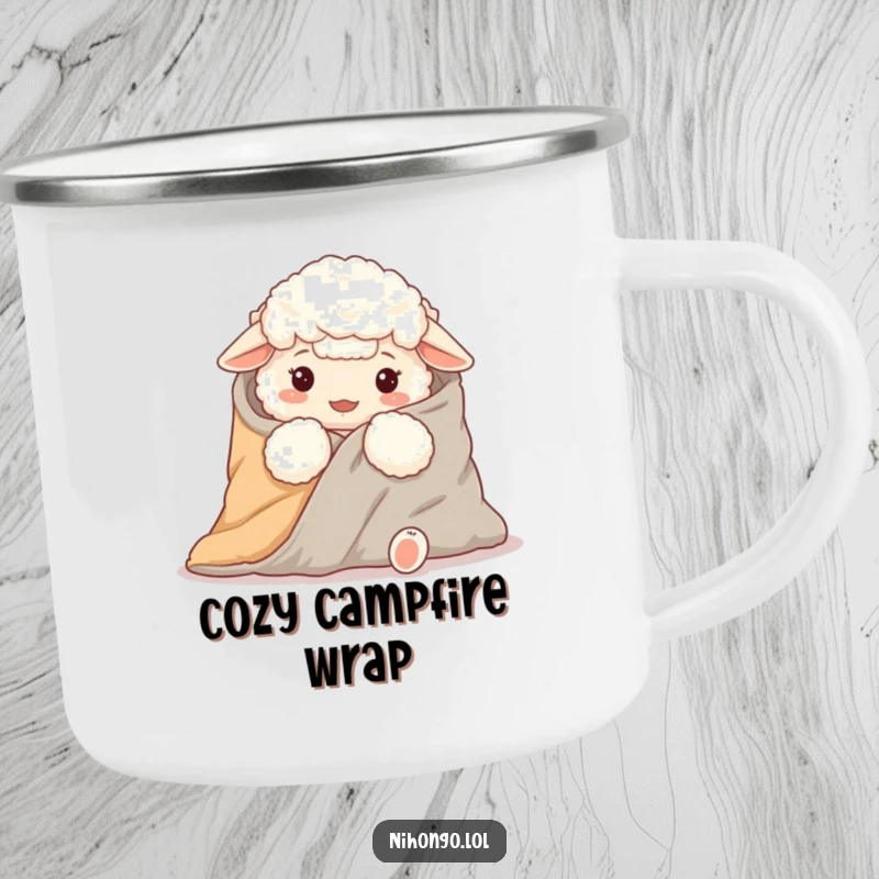 Funny camping mug featuring a fluffy sheep attempting to wrap itself in a futon blanket during an outdoor trip.