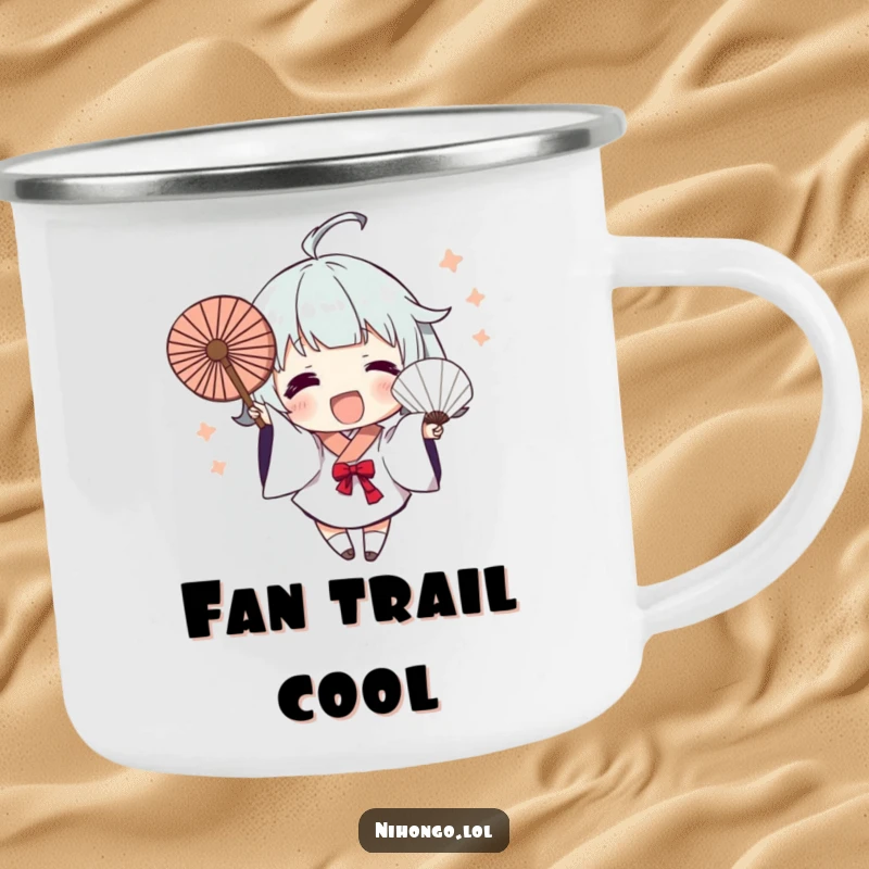 Funny Camping Mug: Character excitedly waves a fan with dynamic brush strokes, perfect for enjoying drinks with an artistic and humorous vibe.