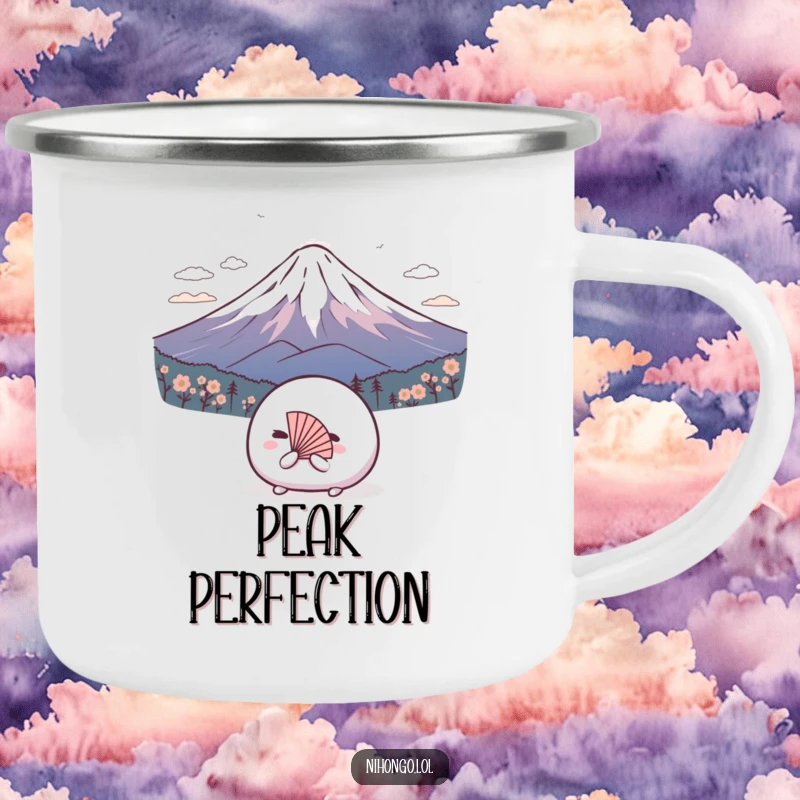 Funny camping mug: Shy mochi ball wearing a tiny fan, bowing to Mount Fuji, durable and humorous.