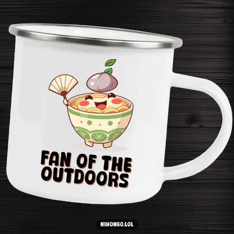 Funny Ramen Bowl Camping Mug: A cheerful ramen character on an enamel mug, ready for outdoor fun.