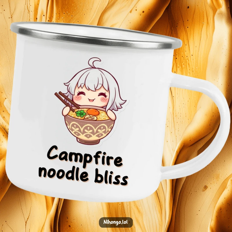 Funny camping mug showing a smiling character holding a steaming bowl of ramen with chopsticks, perfect for outdoor meals.