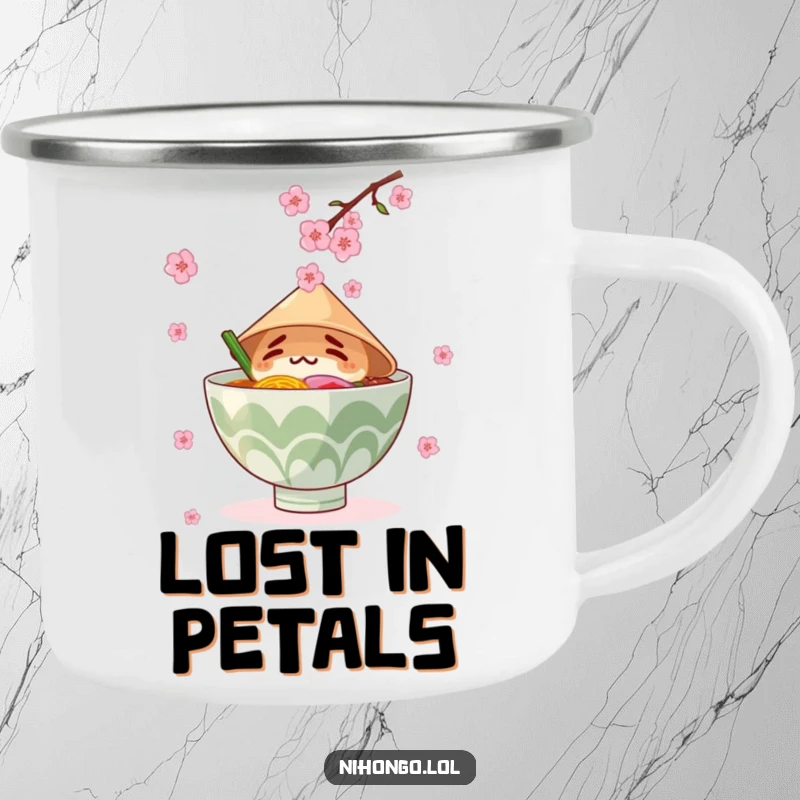 Funny camping mug: A ramen bowl in a conical hat, comically catching falling cherry blossoms, durable and humorous.