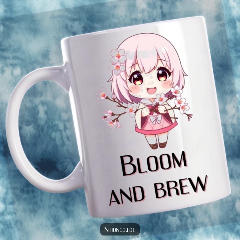 Funny mug with happy character holding a blooming cherry blossom branch, radiating pure joy and spring cheer.