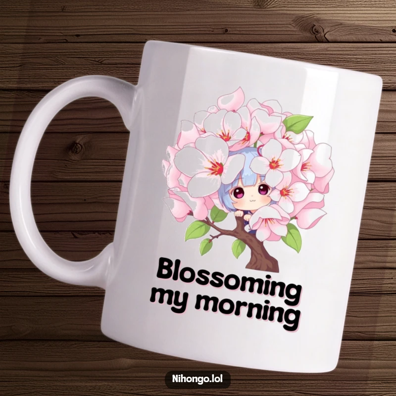 Funny peekaboo mug: a playful character peeks from behind a giant, blooming cherry blossom, evoking springtime wonder and charm.