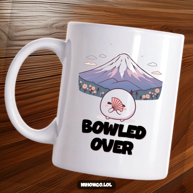 Funny shy mochi ball wearing a tiny fan, bowing deeply to a majestic Mount Fuji, cute and respectful art.