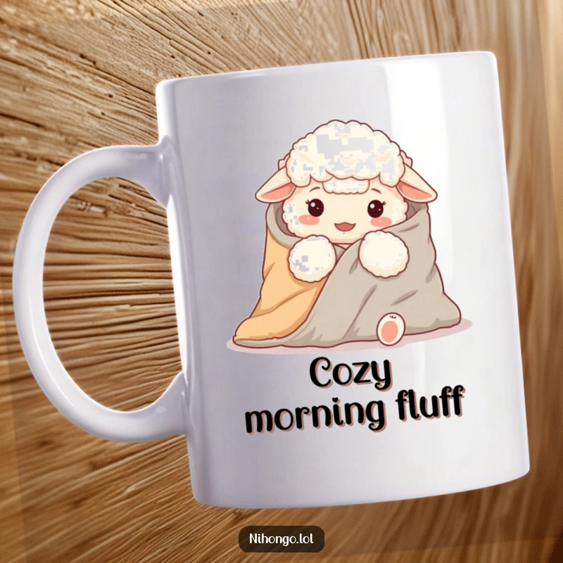Funny mug featuring a fluffy sheep hilariously attempting to wrap itself completely inside a large, cozy futon blanket.