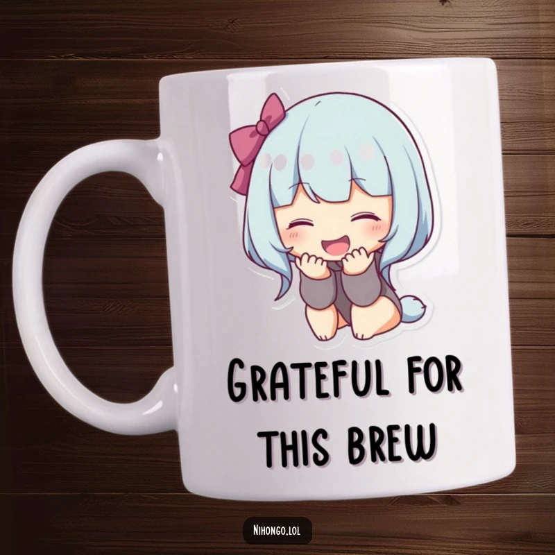 Funny bowing character mug featuring a delightful figure bowing deeply with a wide, happy smile, expressing politeness and joy.