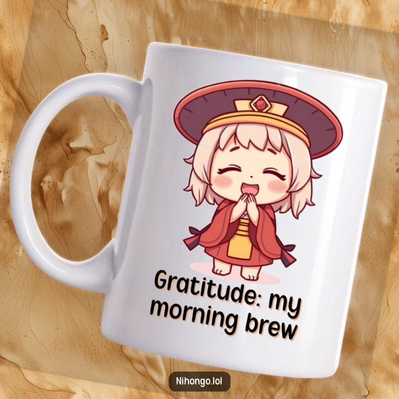 Funny mug featuring a cute character in a traditional Japanese hat, bowing deeply with a joyful expression.