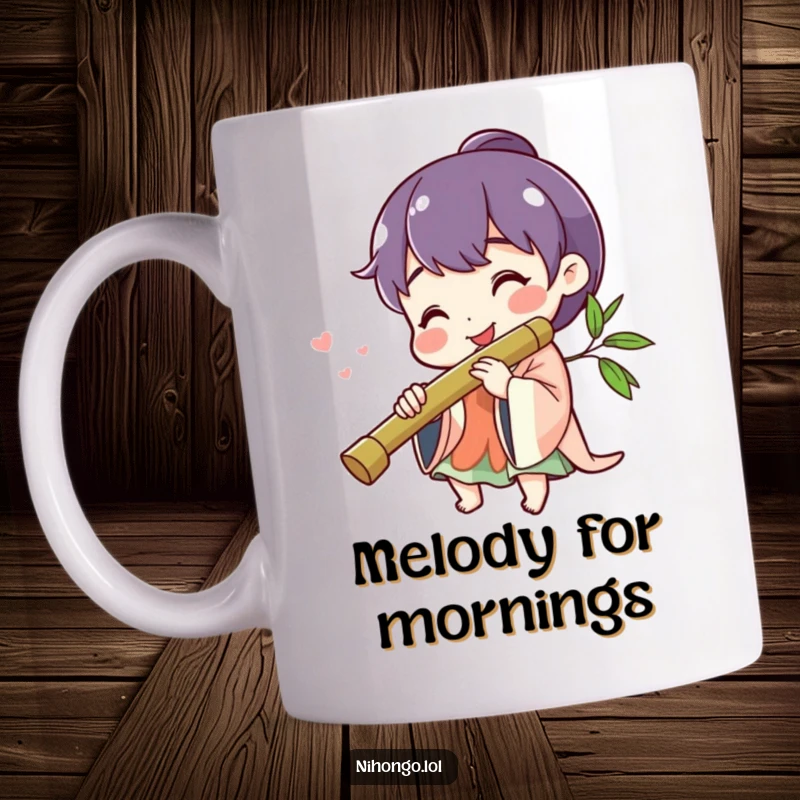 Funny cheerful character smiling, playing a bamboo flute, depicted on a mug, spreading musical happiness.