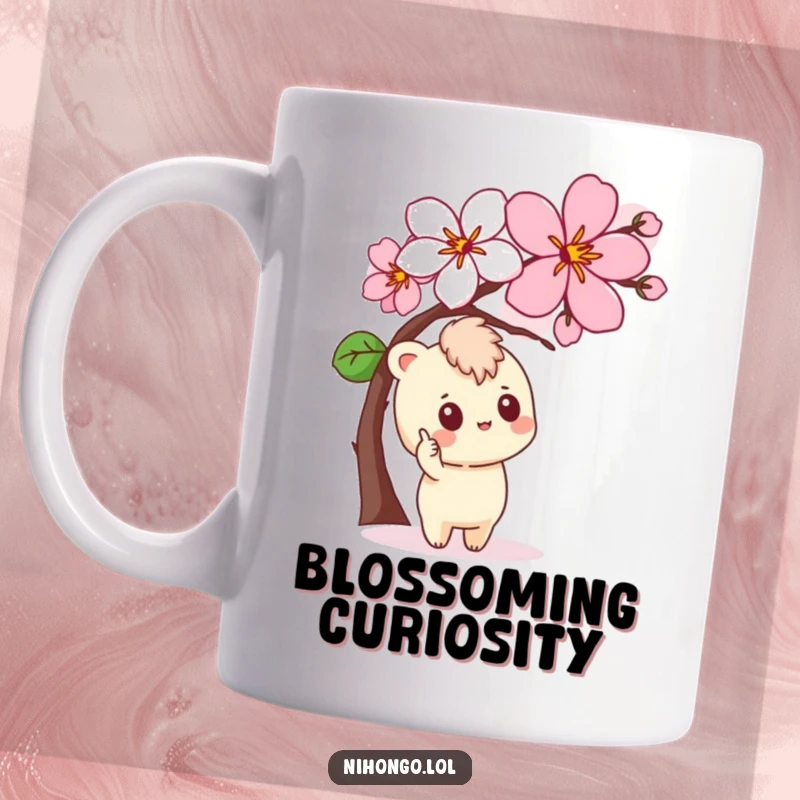 Funny Mug with a curious character pointing at a stylized cherry blossom, capturing a moment of wonder.
