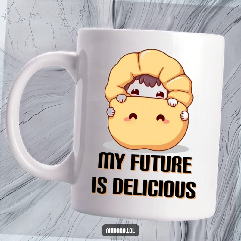 Funny mug showing a mischievous character peeking from behind a huge, happy fortune cookie, ready to share some unexpected joy.