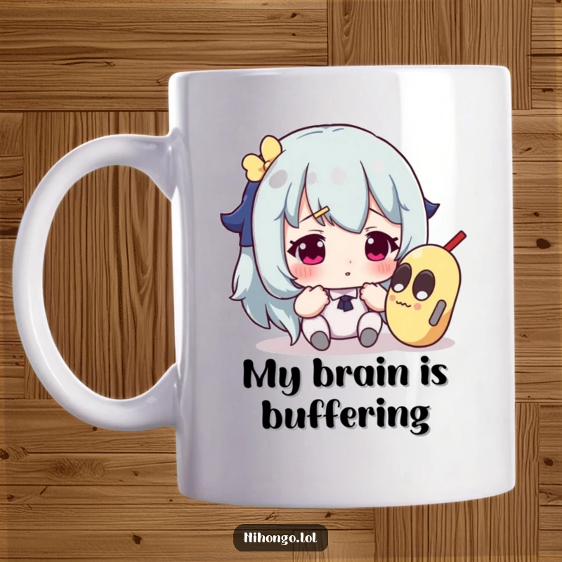 Funny mug featuring a cartoon character with a perplexed expression, staring intensely at a bizarre, unidentifiable object.