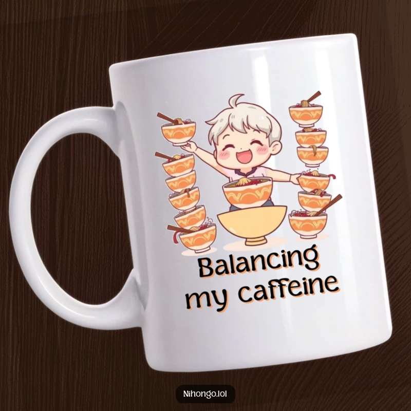 Funny mug with a smiling character struggling to balance several bowls of ramen, showcasing delightful chaos.