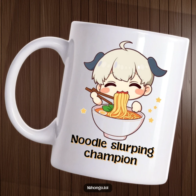 Funny Ramen Mug featuring a delighted character joyfully slurping noodles with chopsticks, a perfect gift for foodies.