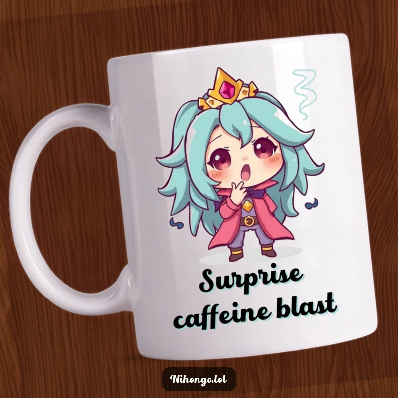 Funny mug featuring a cartoon character with wide eyes, surprised expression, and a small puff of smoke escaping, indicating a magical or sudden event.