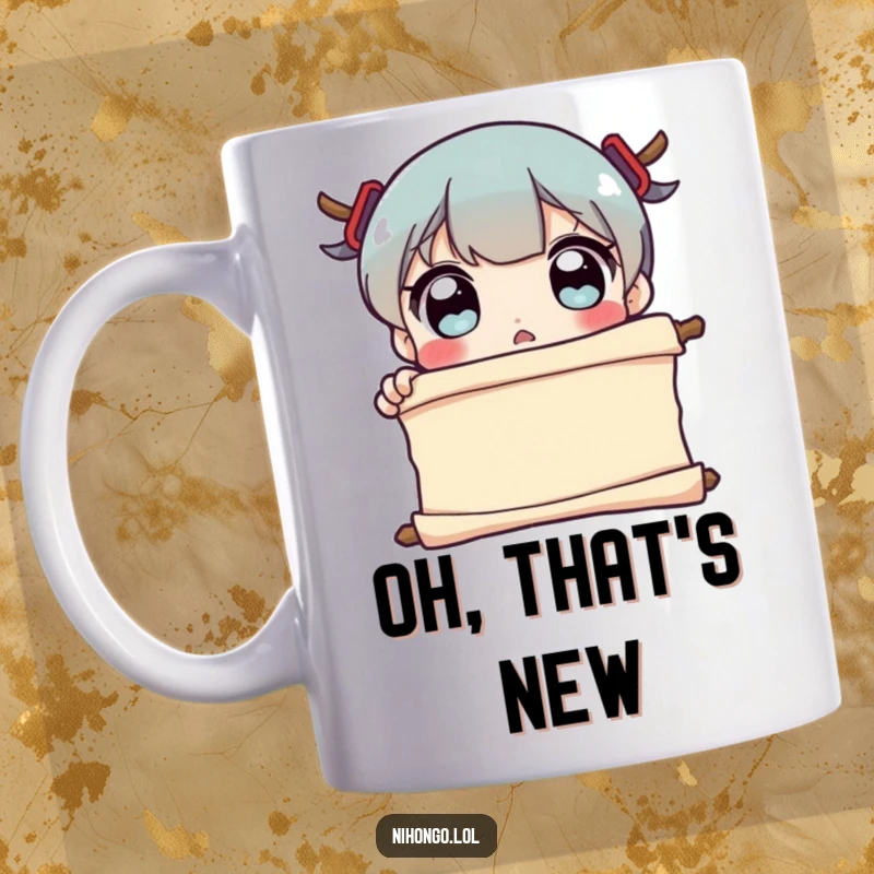 Funny Mug featuring a character with wide, surprised eyes looking at an unrolled scroll, depicting shock and disbelief with a humorous twist.