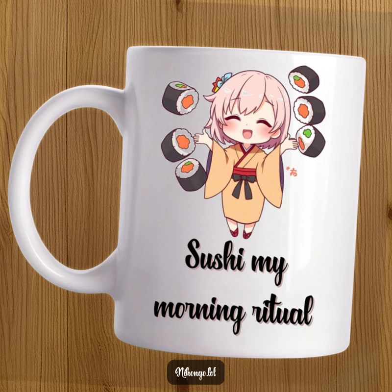 Funny Mug featuring a character in a kimono, expertly juggling sushi rolls with a joyful expression.