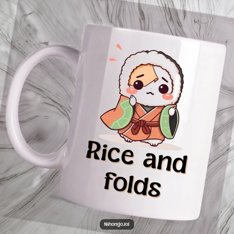 Funny mug showing a bewildered sushi roll in a tiny kimono struggling with origami. Captures culinary confusion and artistic ambition humorously.