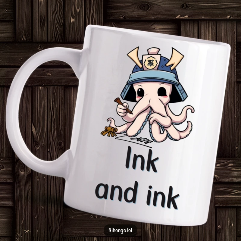 Funny octopus wearing a samurai helmet, skillfully practicing calligraphy with multiple tentacles, detailed and humorous art.