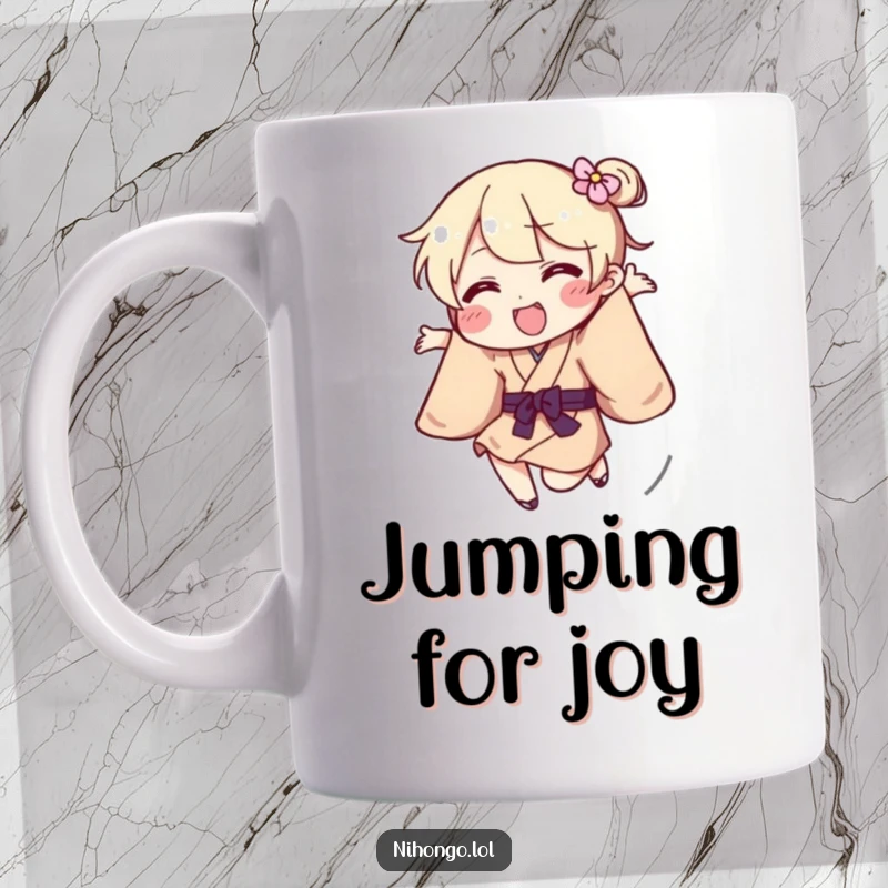 Funny Kimono Mug with a playful character energetically jumping while wearing a traditional kimono, a joyful gift.